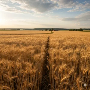 A field of mature, golden-yellow wheat stalks stretching toward the horizon under a sunny sky.