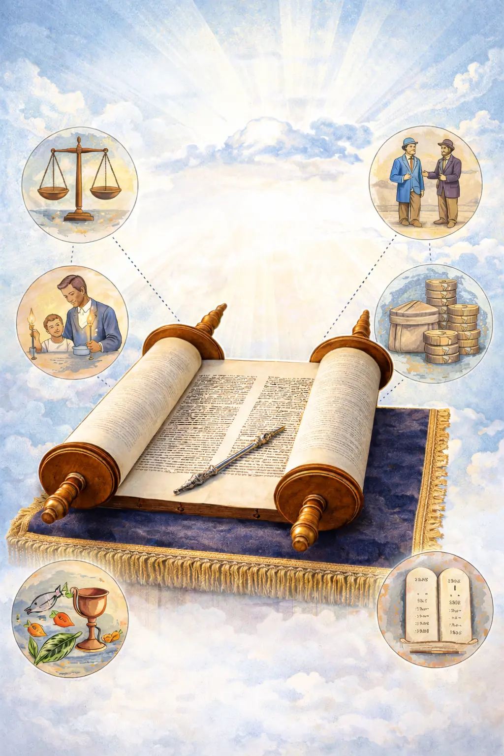 An open Torah scroll rests on a blue velvet covering, illuminated by soft light, surrounded by symbolic circular scenes representing different aspects of Jewish life and mitzvot, all set against a sky filled with gentle clouds.