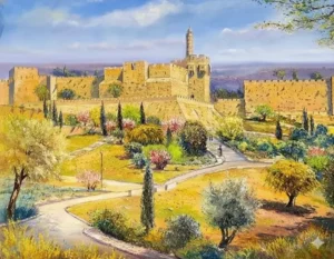 Painting of Jerusalem’s Old City walls and the Tower of David surrounded by vibrant spring trees, winding paths, and golden hillside scenery under a bright blue sky.
