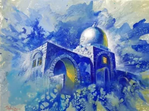Abstract Art of Kever Rachel in blue with light shining through