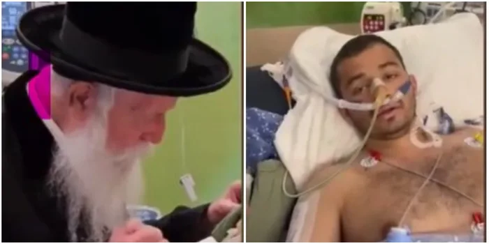 Evyatar Zetuni in the hospital after waking up and Rabbi Grossman, the Rabbi who prayed for him