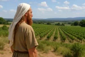 Biblical nazir with long hair and simple robe standing on a hilltop, looking over a wide green vineyard and rolling fields, symbolizing his journey toward spiritual renewal and new beginnings