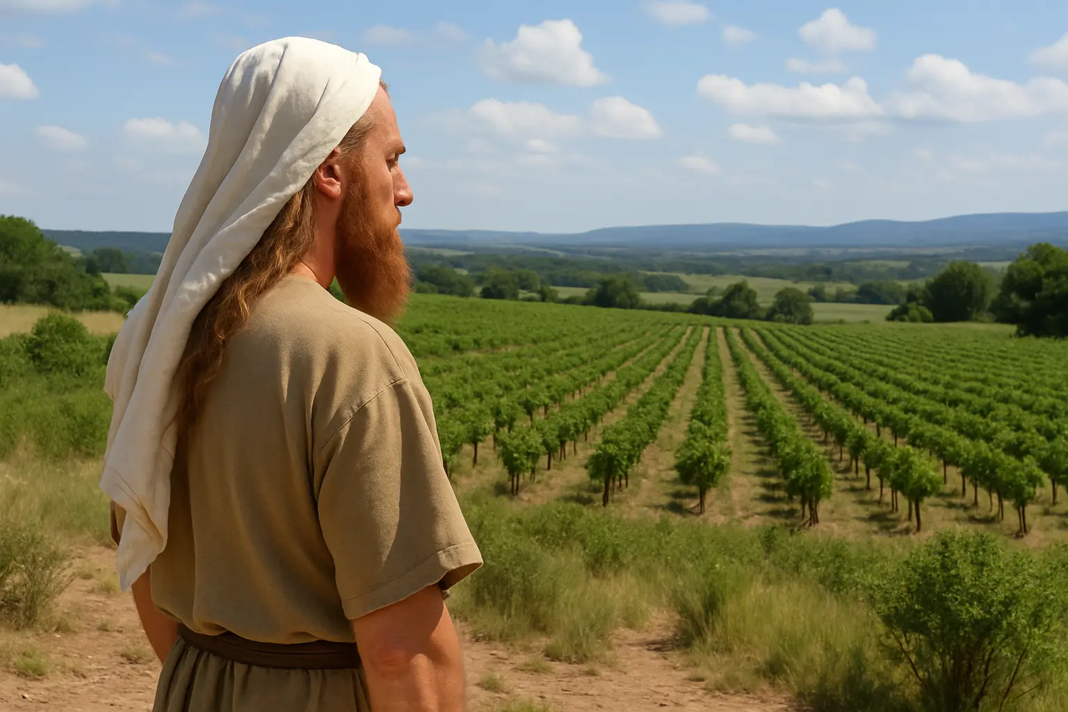 Biblical nazir with long hair and simple robe standing on a hilltop, looking over a wide green vineyard and rolling fields, symbolizing his journey toward spiritual renewal and new beginnings