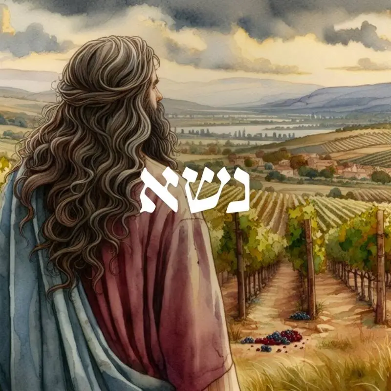 Nazir staring out at a field with Naso written in hebrew