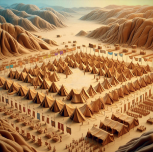 Tents set up in the desert , facing each other surrounded by mountains