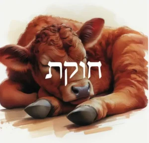Red cow sleeping all curled up with Chukat spelled in Hebrew in the center