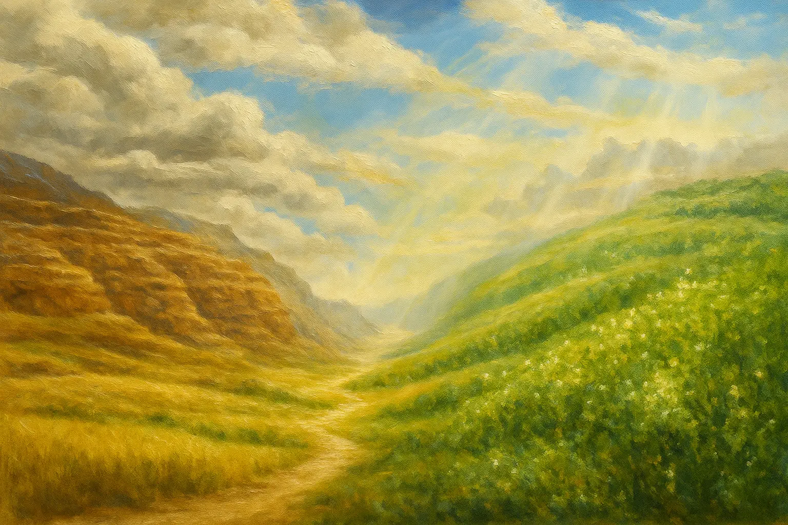 Oil painting of two contrasting landscapes divided by a valley: a dry, reddish-brown mountain range on the left and a lush, green hillside on the right. Rays of sunlight stream through clouds above, illuminating the scene and symbolizing the contrast between barrenness and blessing in a serene, spiritual atmosphere.