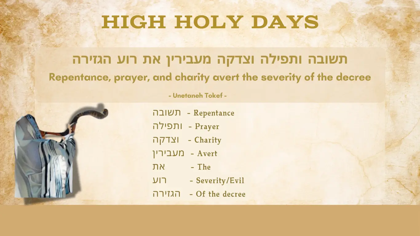 Passage from the Rosh Hashana Prayer: Repentance, prayer, and charity avert the severity of the decree.