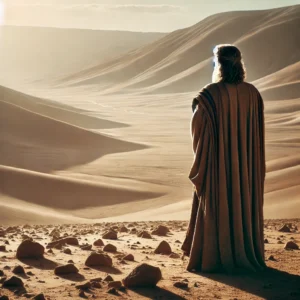 A solemn depiction of the back of Abraham, dressed in ancient Middle Eastern robes, standing and gazing out over empty, barren land.