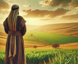 A-biblical-man-dressed-in-traditional-ancient-Middle-Eastern-attire-standing-with-his-back-to-the-viewer-facing-a-vast-open-field