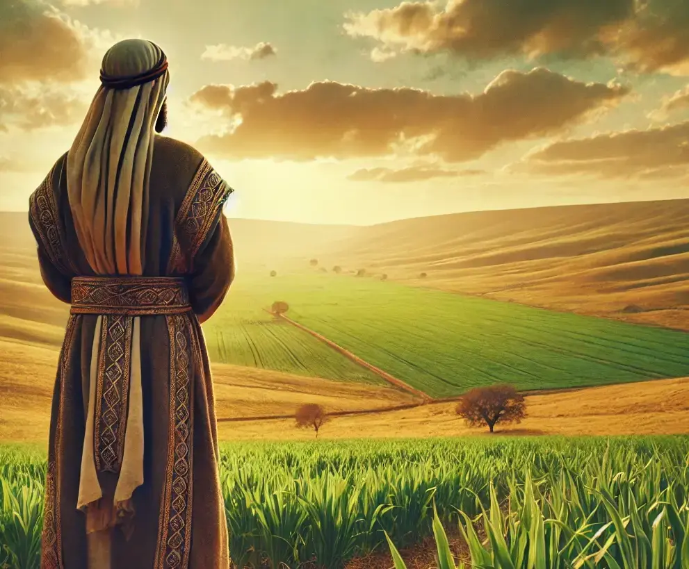 A-biblical-man-dressed-in-traditional-ancient-Middle-Eastern-attire-standing-with-his-back-to-the-viewer-facing-a-vast-open-field