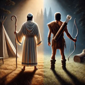 A symbolic and artistic depiction of Yaakov and Eisav with their backs facing the viewer. Yaakov is wearing simple, modest robes, holding a staff, sym