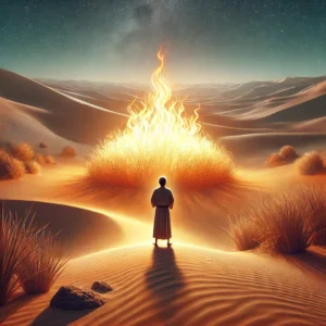 A vivid depiction of a man standing in front of a burning bush in a desert, with the entire desert portrayed in natural desert tones of sand