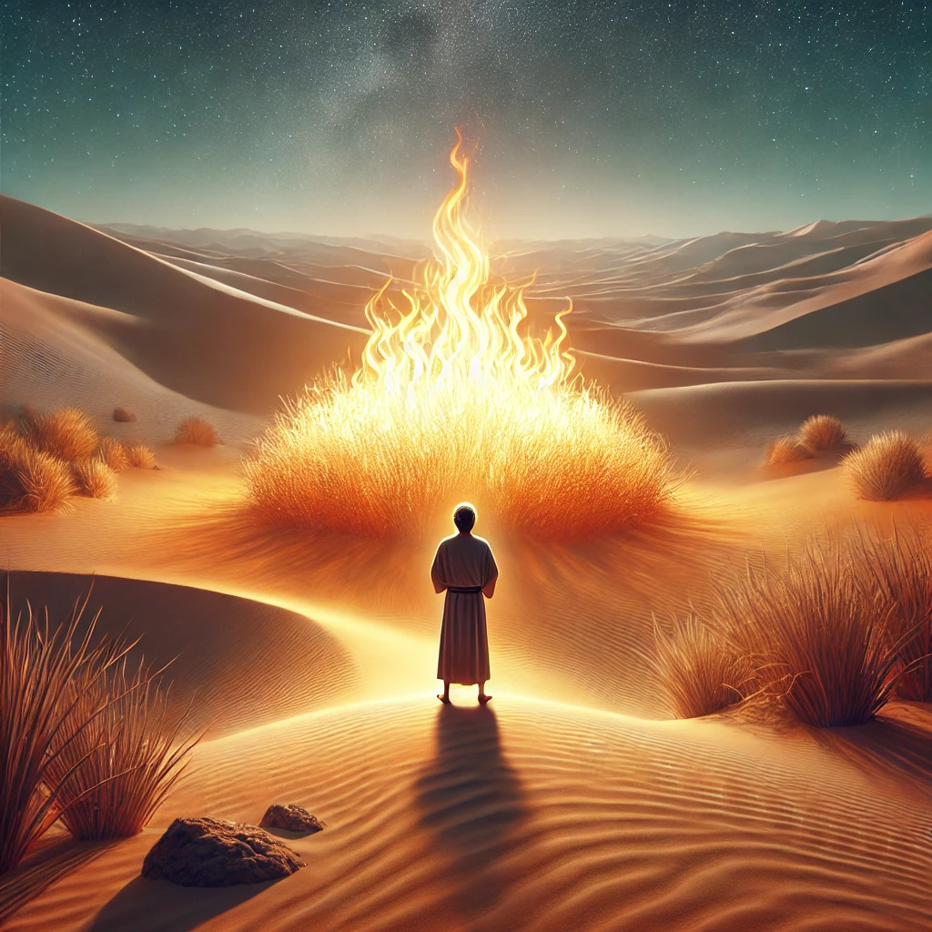 A vivid depiction of a man standing in front of a burning bush in a desert, with the entire desert portrayed in natural desert tones of sand