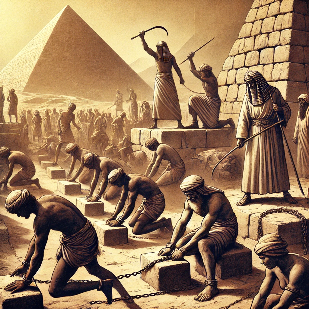 Egyptians ruling over slaves as they build pyramids