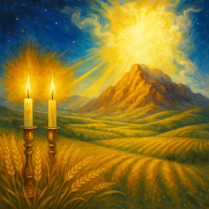 field with shabbat candles and har sinai