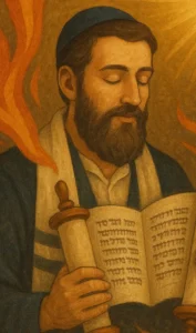 Man holding a Torah concentrating