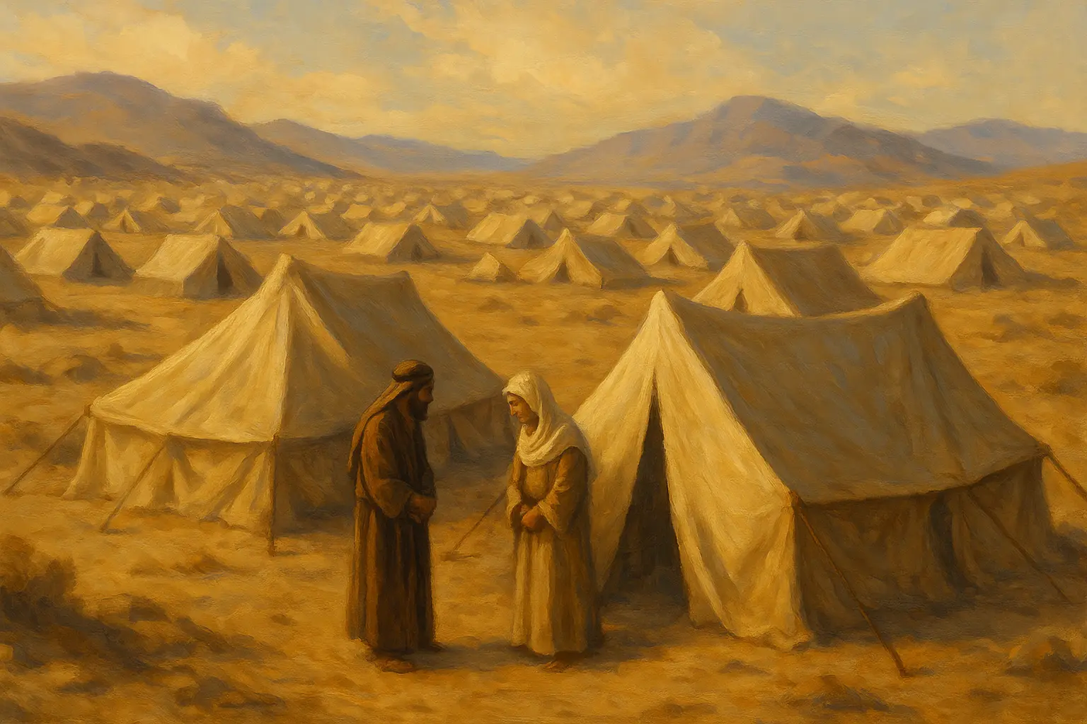 Bibically dresses men outside of tents in the deserts