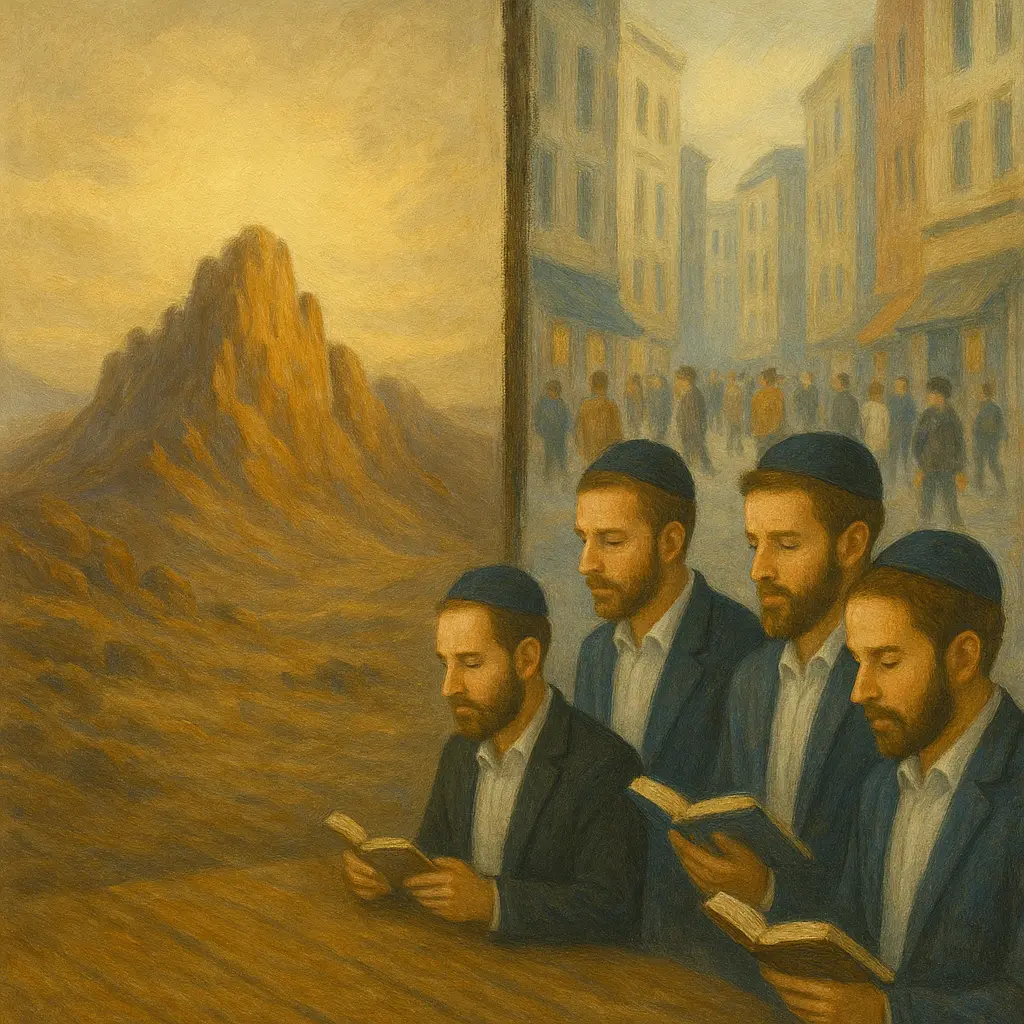 Har sinai on one side, and the other yeshiva guys learning painting
