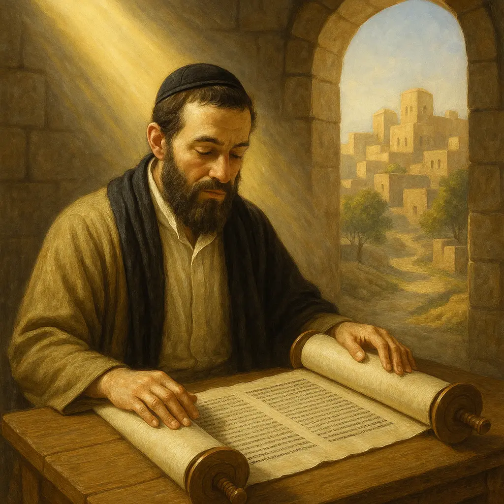 Man learning the Torah bt an open window with the light shinning on him