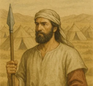 Pinchas holding a spear walking away from the camp