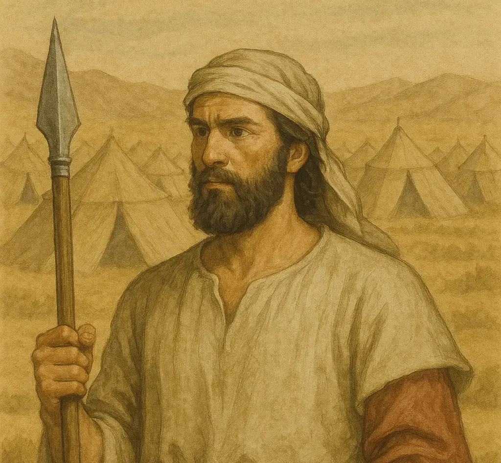 Pinchas holding a spear walking away from the camp