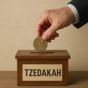 Hand putting a coin into Tzedakah box