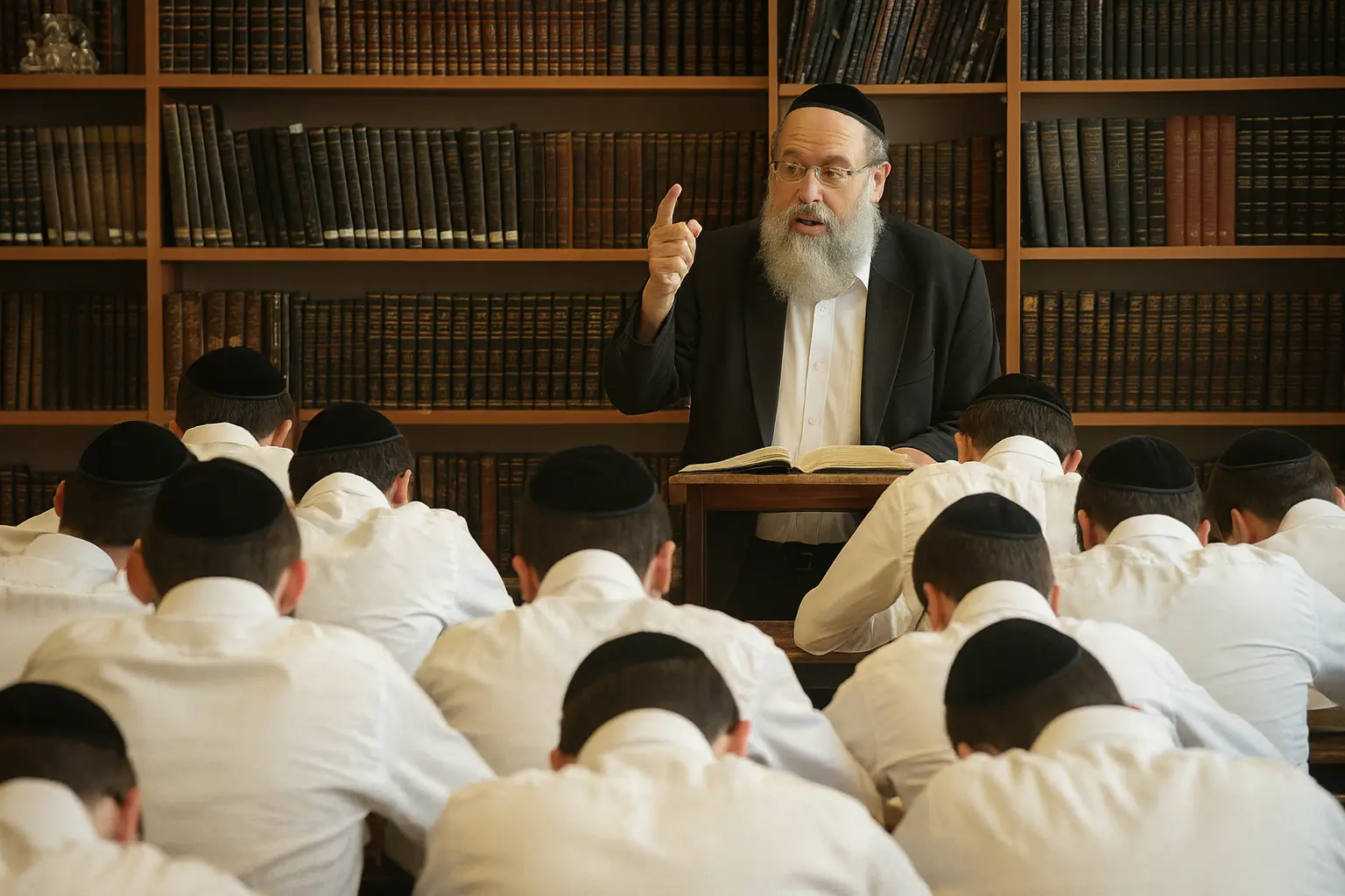 Rabbi teaching a bunch of talmidim