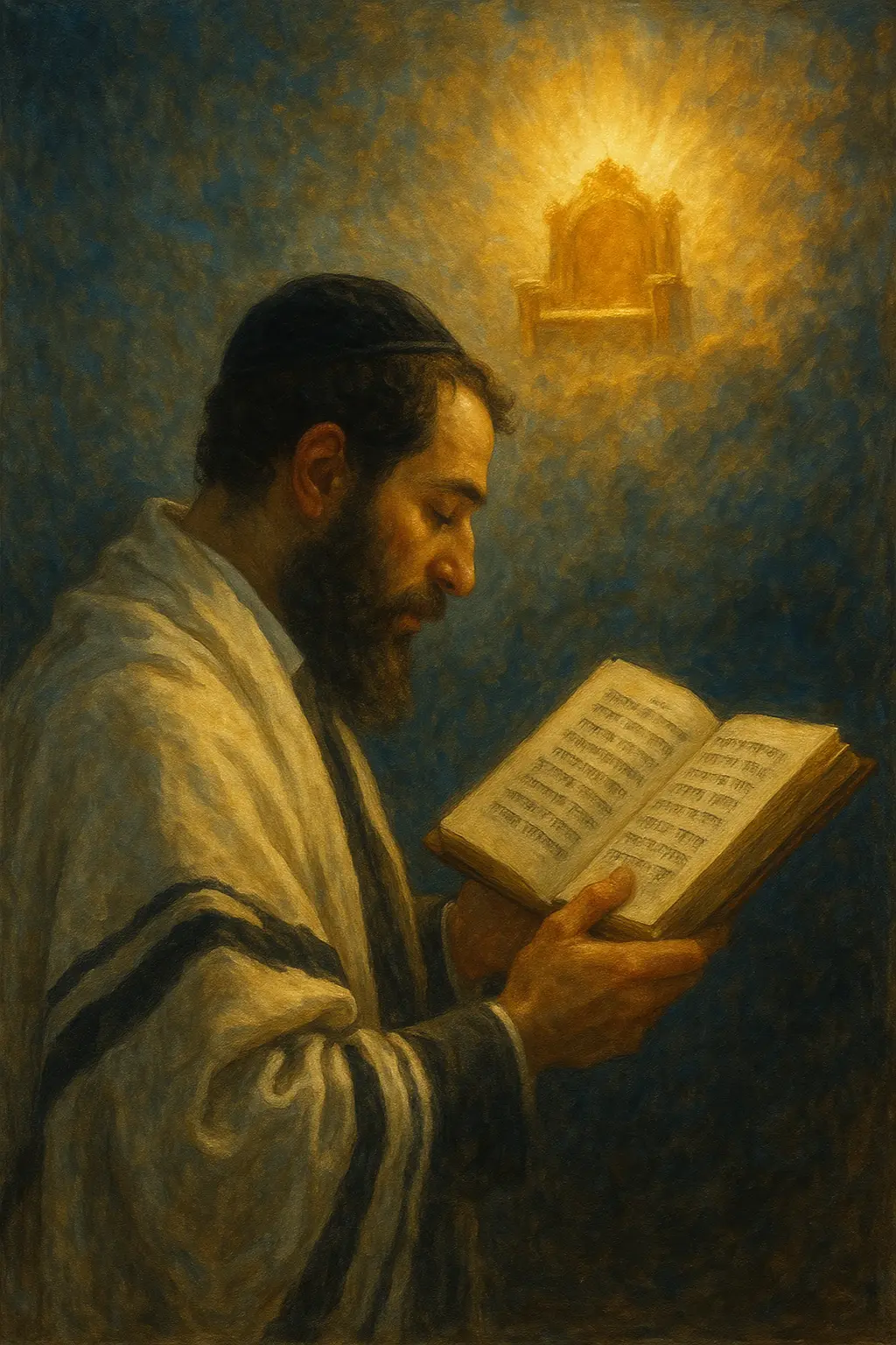 Man praying from a siddur before the throne of judgement