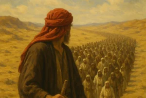 Avraham Avinu walks through a vast desert, his face turned away, holding a wooden staff, with hundreds of followers—men, women, and children—trailing behind him across golden dunes under a soft, clouded sky.