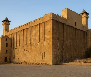 Ancient Me’arat HaMachpelah in Hebron—massive stone walls with crenellations and corner towers in warm evening light.