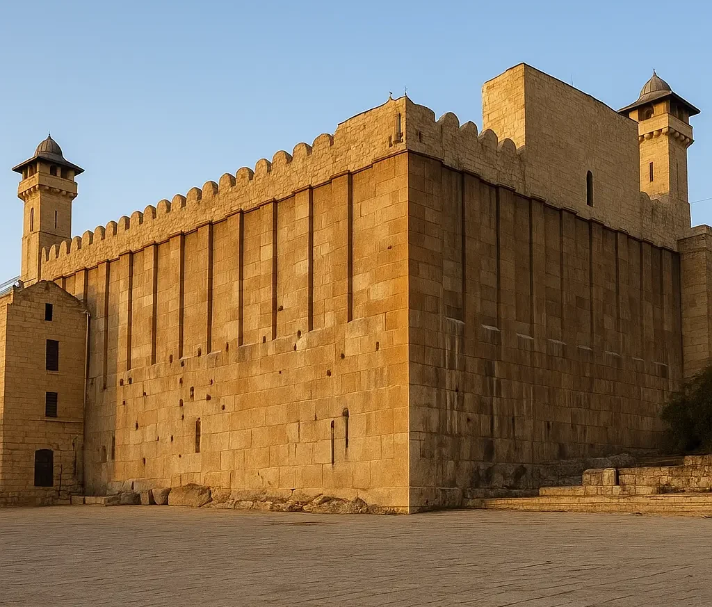 Ancient Me’arat HaMachpelah in Hebron—massive stone walls with crenellations and corner towers in warm evening light.