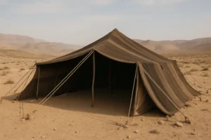 A realistic biblical-style tent made of dark goat-hair fabric stands in the desert, supported by ropes and poles, surrounded by sand, rocks, and distant hills under soft sunlight.