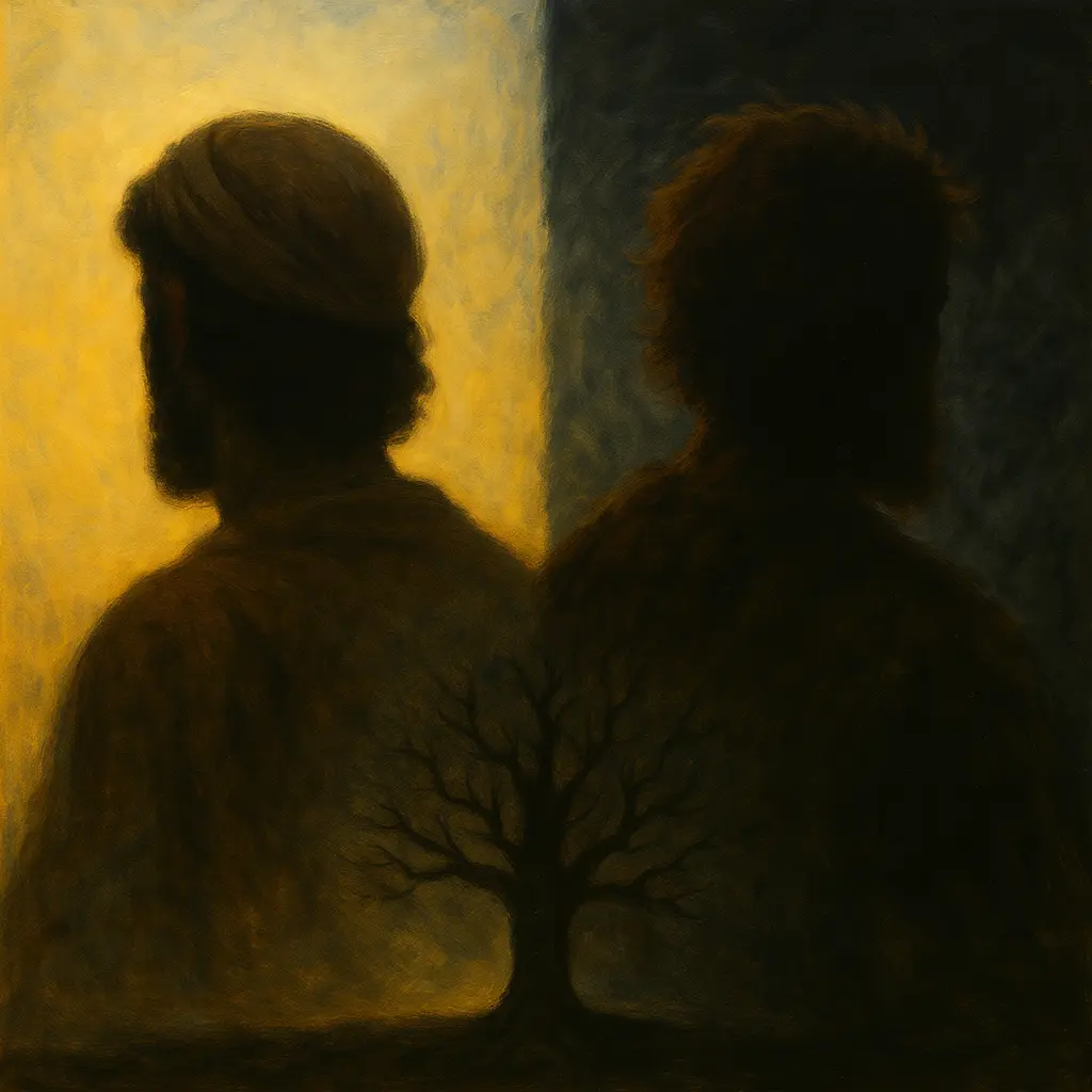 Yakov in the light, Esaav in the dark with a family tree between them