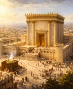 Image of the beit hamikdash standing with people coming and going