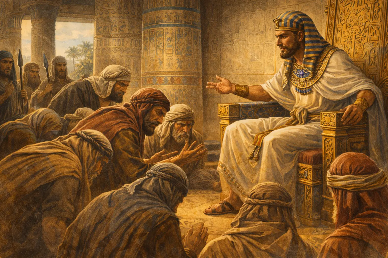Yosef sitting in a throne before his brothers bowing to him