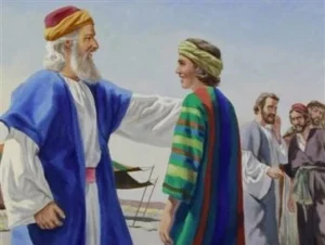 Image of Yaakov and Yosef with Yosef wearing his colorful coat