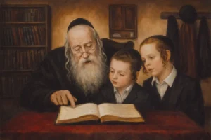 Elderly Jewish man with a white beard teaching Torah to two young boys at a wooden table, in a warm traditional oil-style painting symbolizing Jewish learning and continuity.