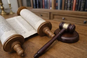 Torah scroll placed next to a judge’s gavel on a wooden desk, symbolizing the connection between Torah law, justice, and halachic authority.