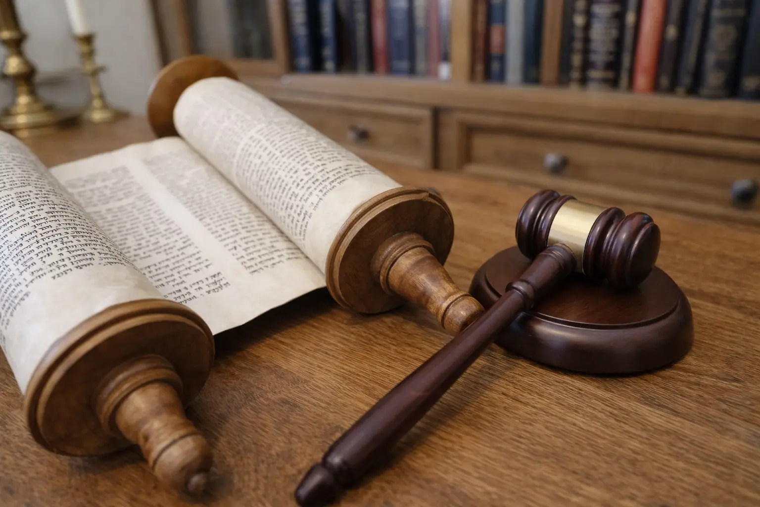 Torah scroll placed next to a judge’s gavel on a wooden desk, symbolizing the connection between Torah law, justice, and halachic authority.