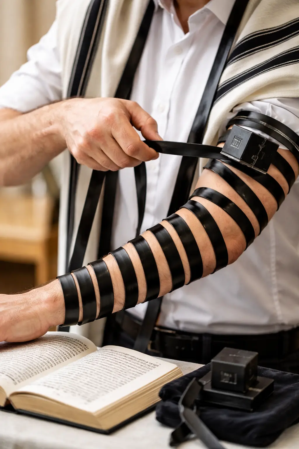 Man wrapping tefilin