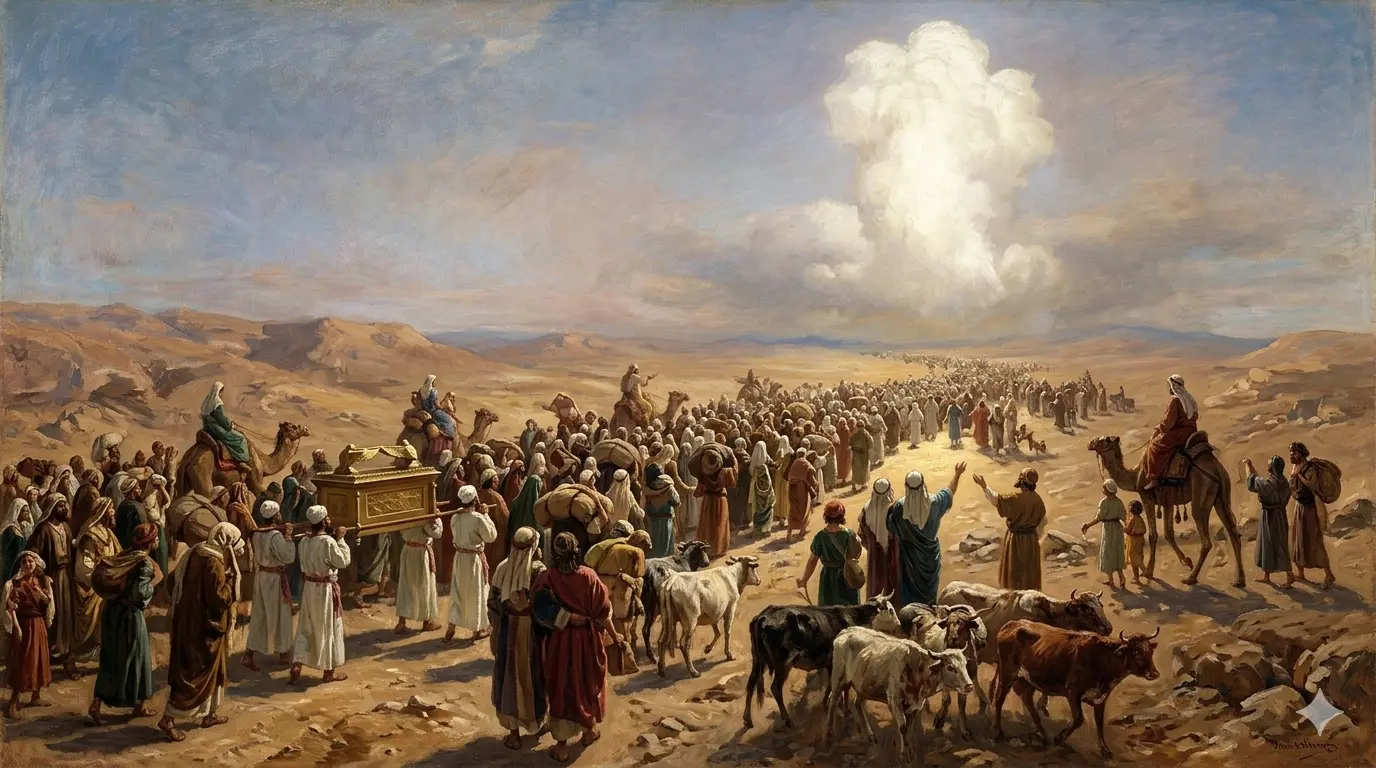 An oil painting style illustration of Beni Yisrael traveling through the desert, following the biblical pillar of cloud leading the way, with the Ark of the Covenant being carried.