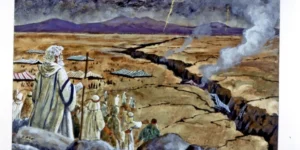 Moshe and the Jewish people standing on one side of the earth broken into two